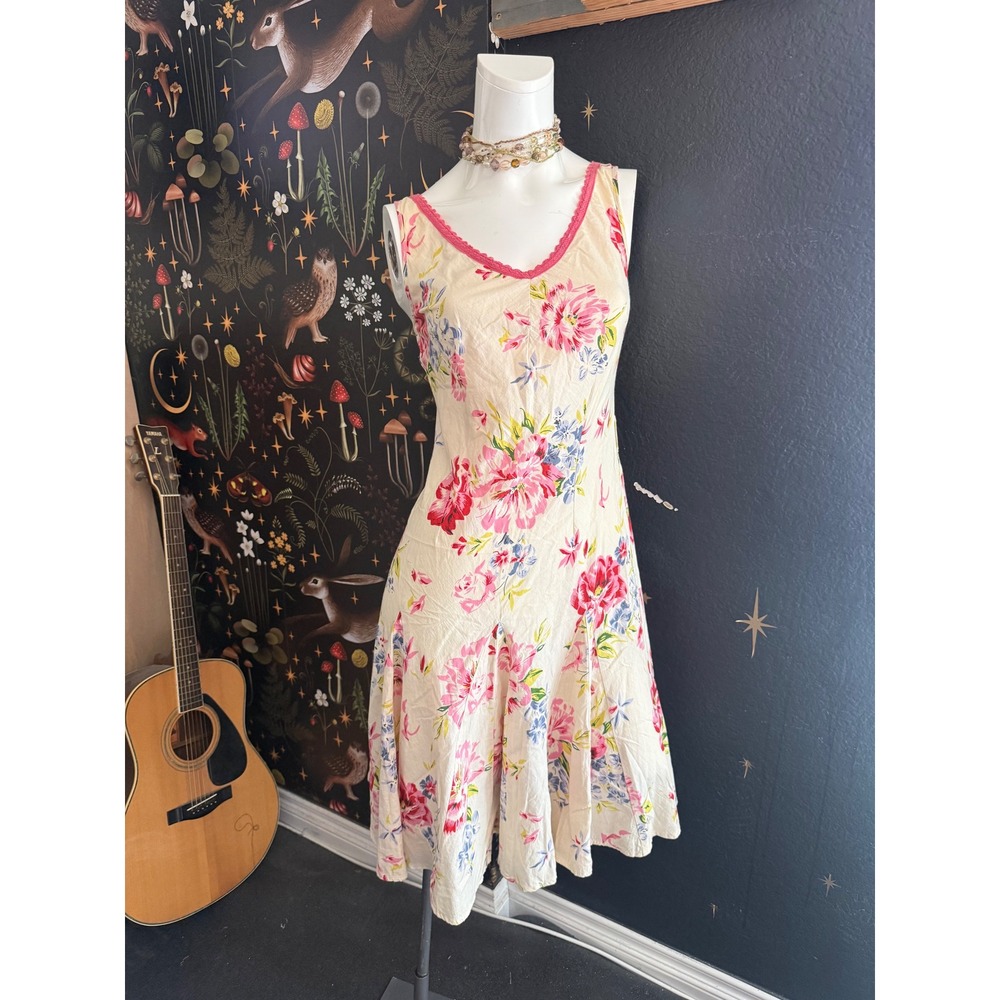 Paradise East Floral Cotton Midi Dress Cream Pink Blue Lace Trim Size M